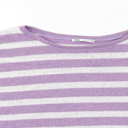 Zara Womens Purple Round Neck Striped Acrylic Pullover Jumper Size L