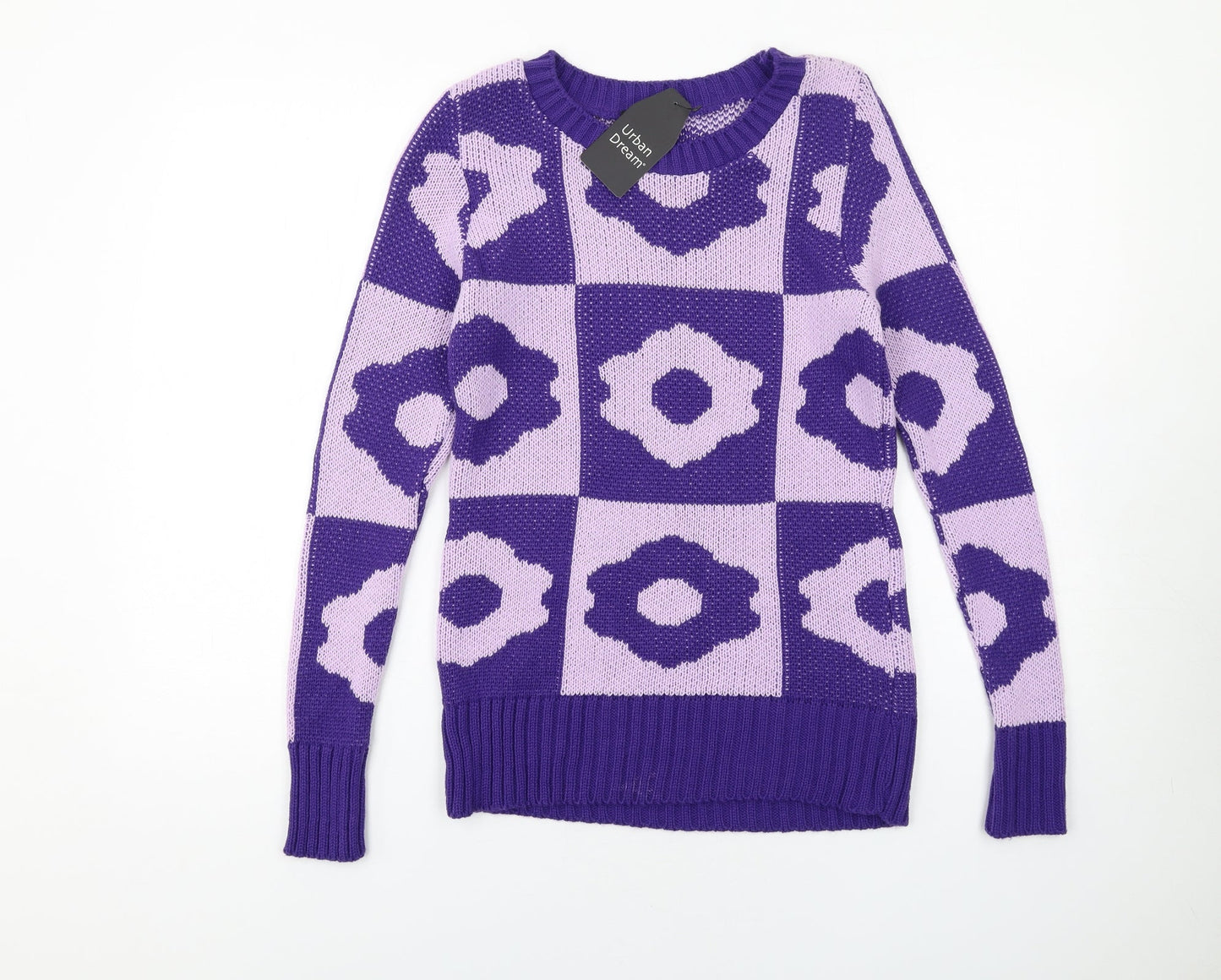 Urban Dream Womens Purple Round Neck Geometric Acrylic Pullover Jumper Size M