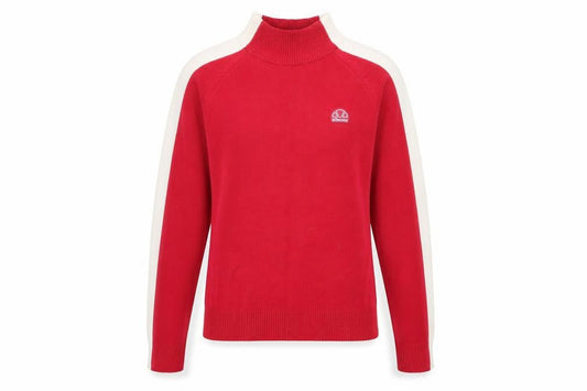 Front view of Ellesse women’s pink high neck acrylic jumper, size UK 12, - side stripe detail