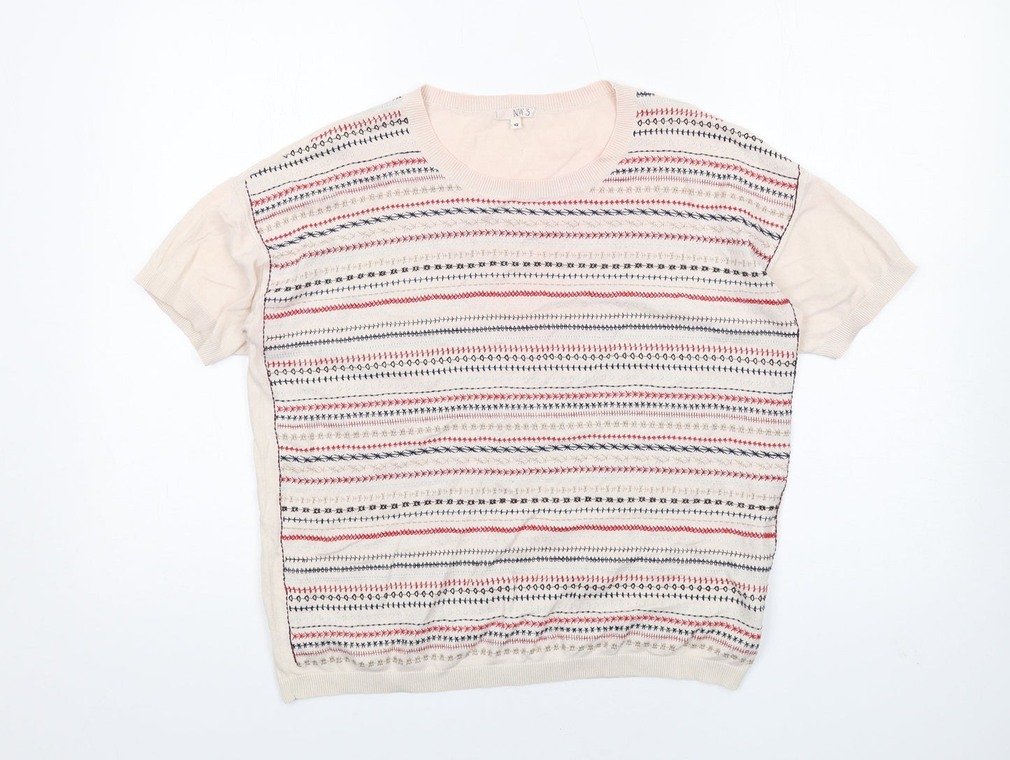 NW.3 Womens Beige Round Neck Geometric Cotton Pullover Jumper Size 12 - Embroidered