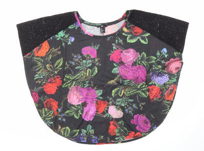 H&M Womens Multicoloured Floral Polyester Basic Blouse Size S Round Neck - Lace Sleeve Detail