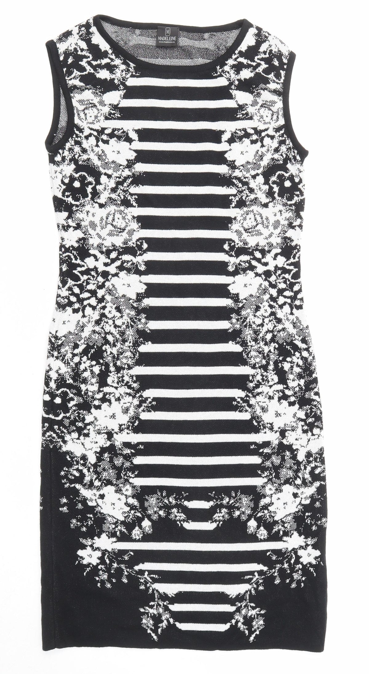 Madeleine Womens Black Geometric Cotton Shift Size 8 Round Neck Pullover