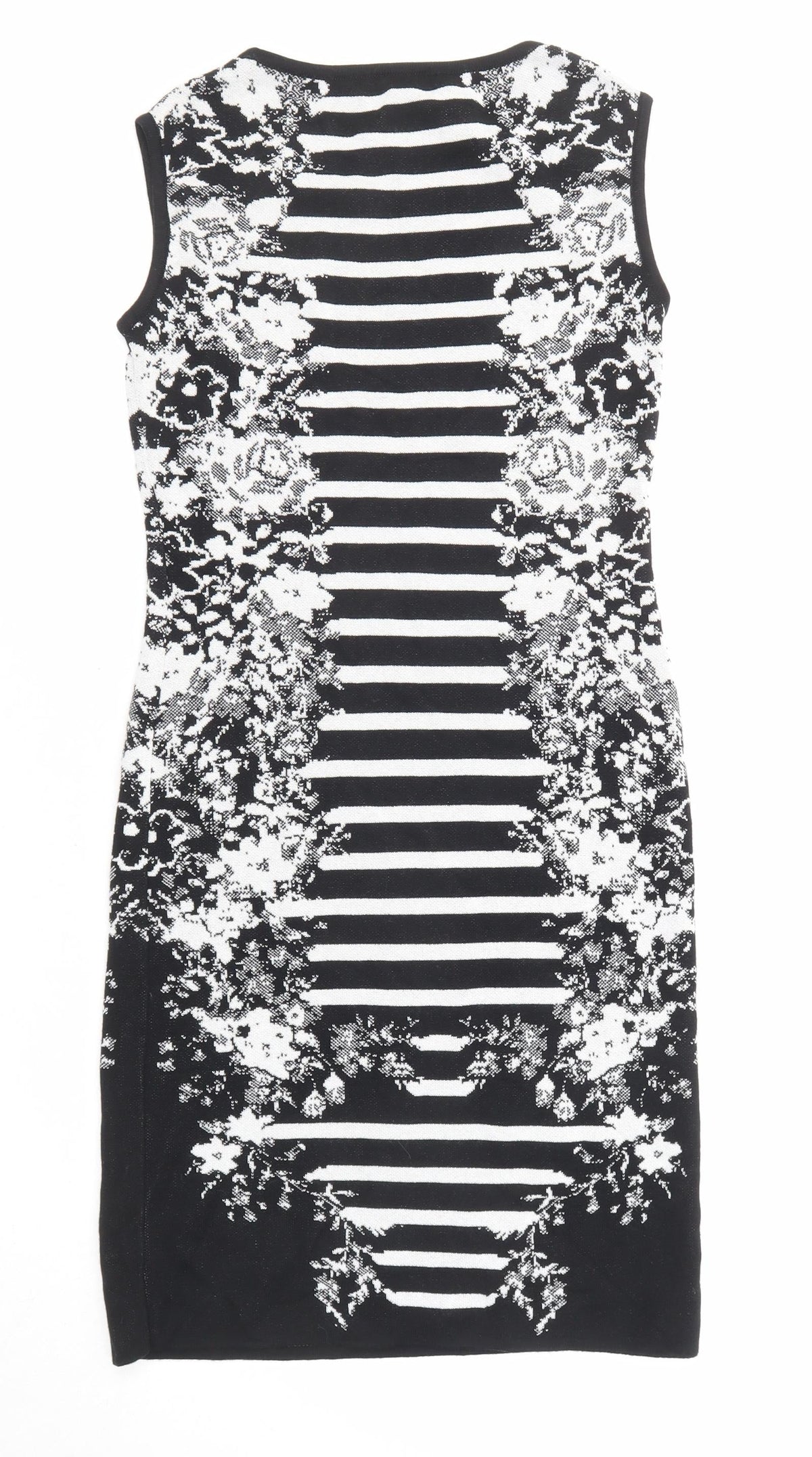 Madeleine Womens Black Geometric Cotton Shift Size 8 Round Neck Pullover