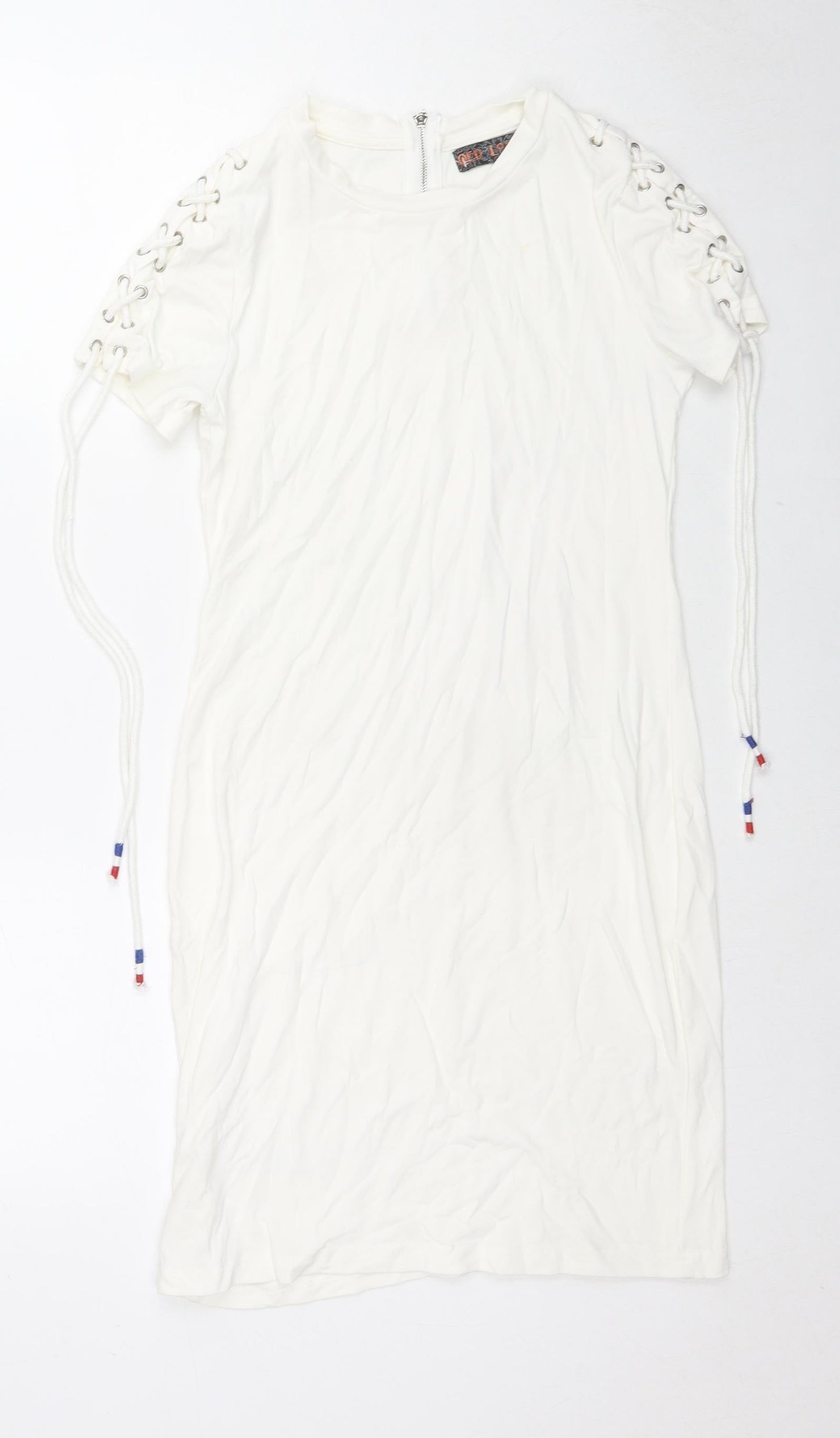 QED London Womens White Cotton Bodycon Size S Round Neck Zip - Tie Detail Sleeves