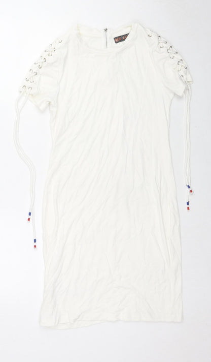 QED London Womens White Cotton Bodycon Size S Round Neck Zip - Tie Detail Sleeves