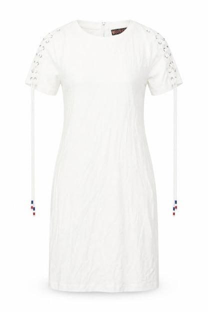 QED London Womens White Cotton Bodycon Size S Round Neck Zip - Tie Detail Sleeves