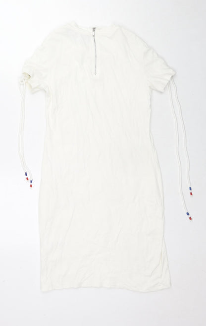QED London Womens White Cotton Bodycon Size S Round Neck Zip - Tie Detail Sleeves
