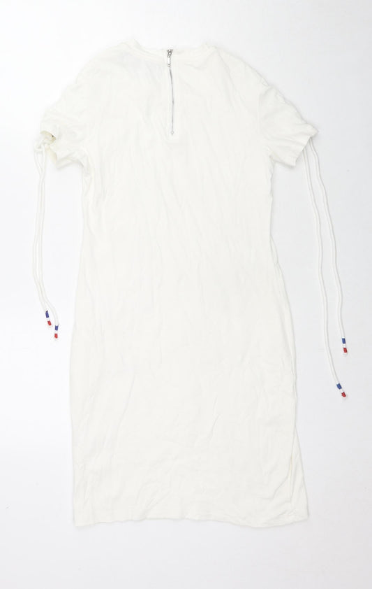 QED London Womens White Cotton Bodycon Size S Round Neck Zip - Tie Detail Sleeves