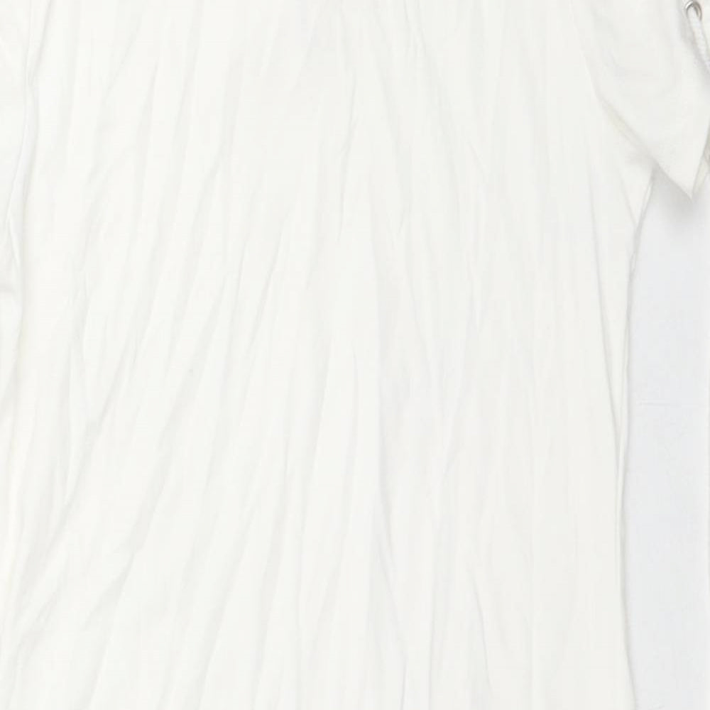 QED London Womens White Cotton Bodycon Size S Round Neck Zip - Tie Detail Sleeves