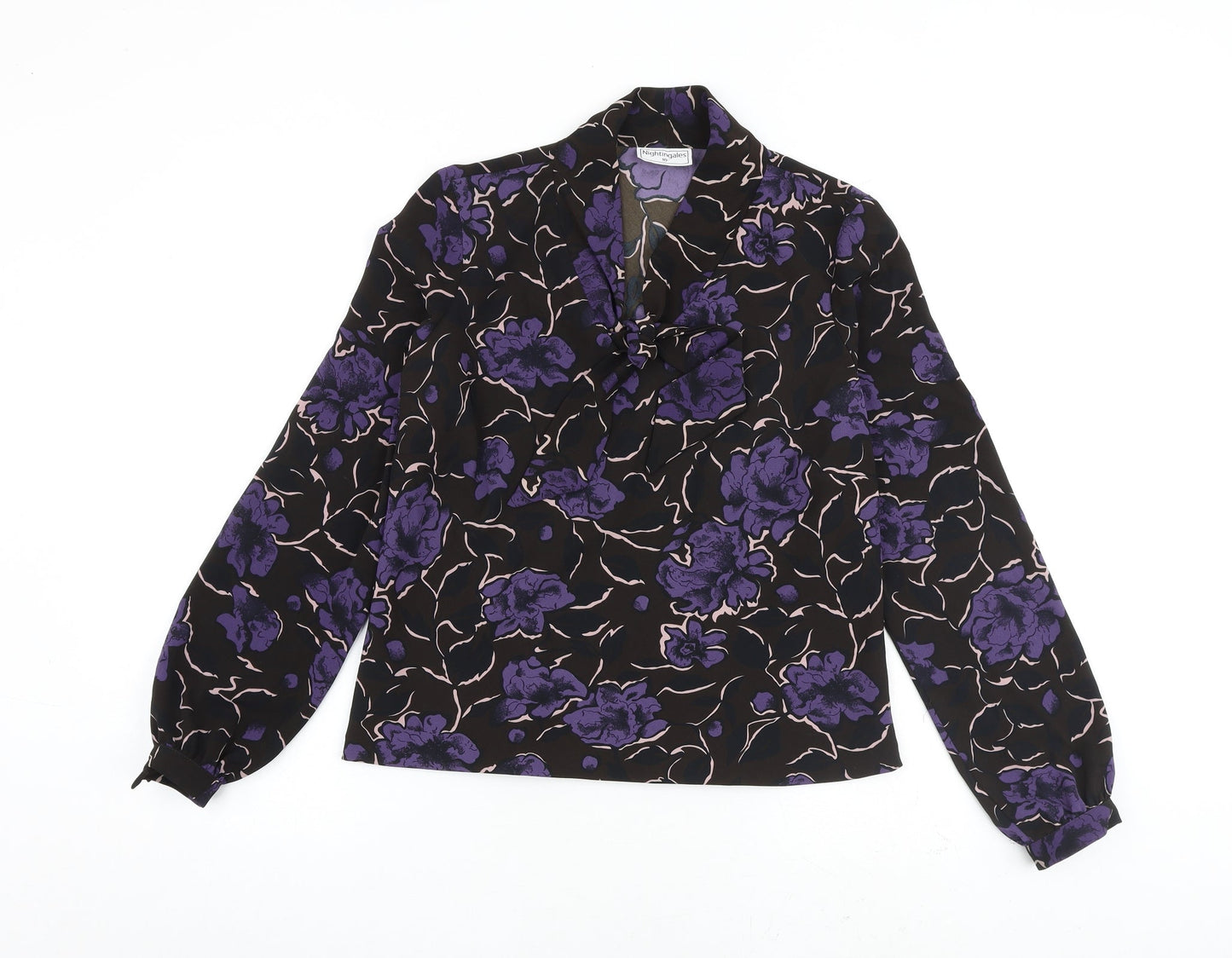 Nightingales Womens Brown Floral Polyester Basic Blouse Size 10 V-Neck