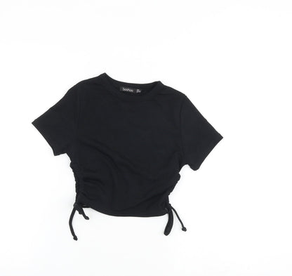 Boohoo Womens Black Polyester Basic T-Shirt Size 6 Round Neck - Ruched Sides