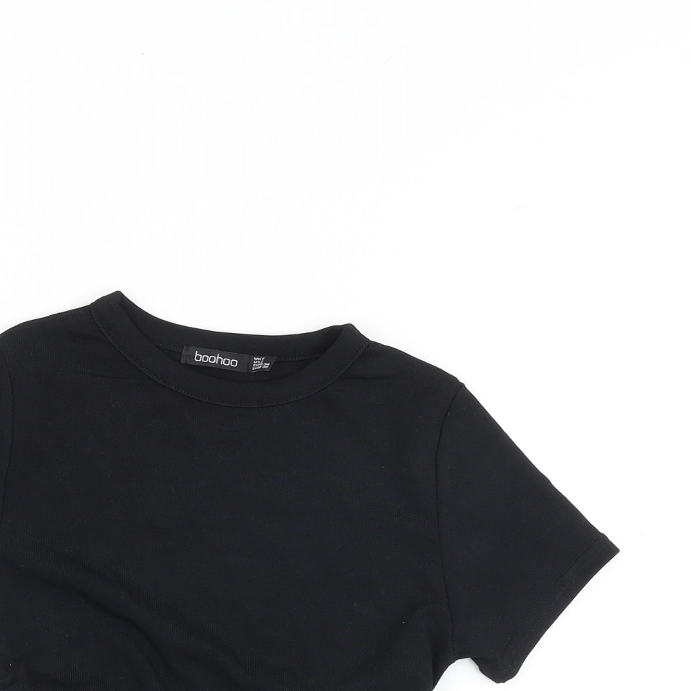 Boohoo Womens Black Polyester Basic T-Shirt Size 6 Round Neck - Ruched Sides