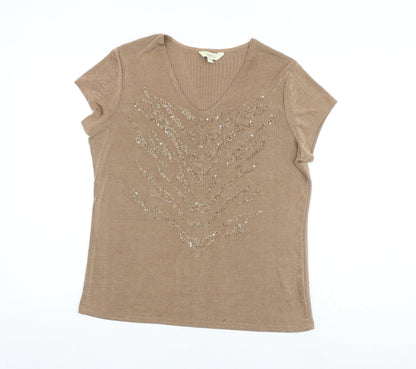 Classics Womens Brown Polyester Basic T-Shirt Size 12 Round Neck