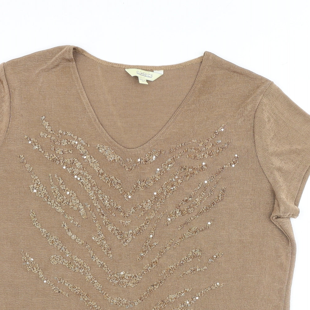 Classics Womens Brown Polyester Basic T-Shirt Size 12 Round Neck