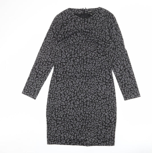 Mango Womens Grey Animal Print Polyester Sheath Size L Round Neck Zip - Leopard Print