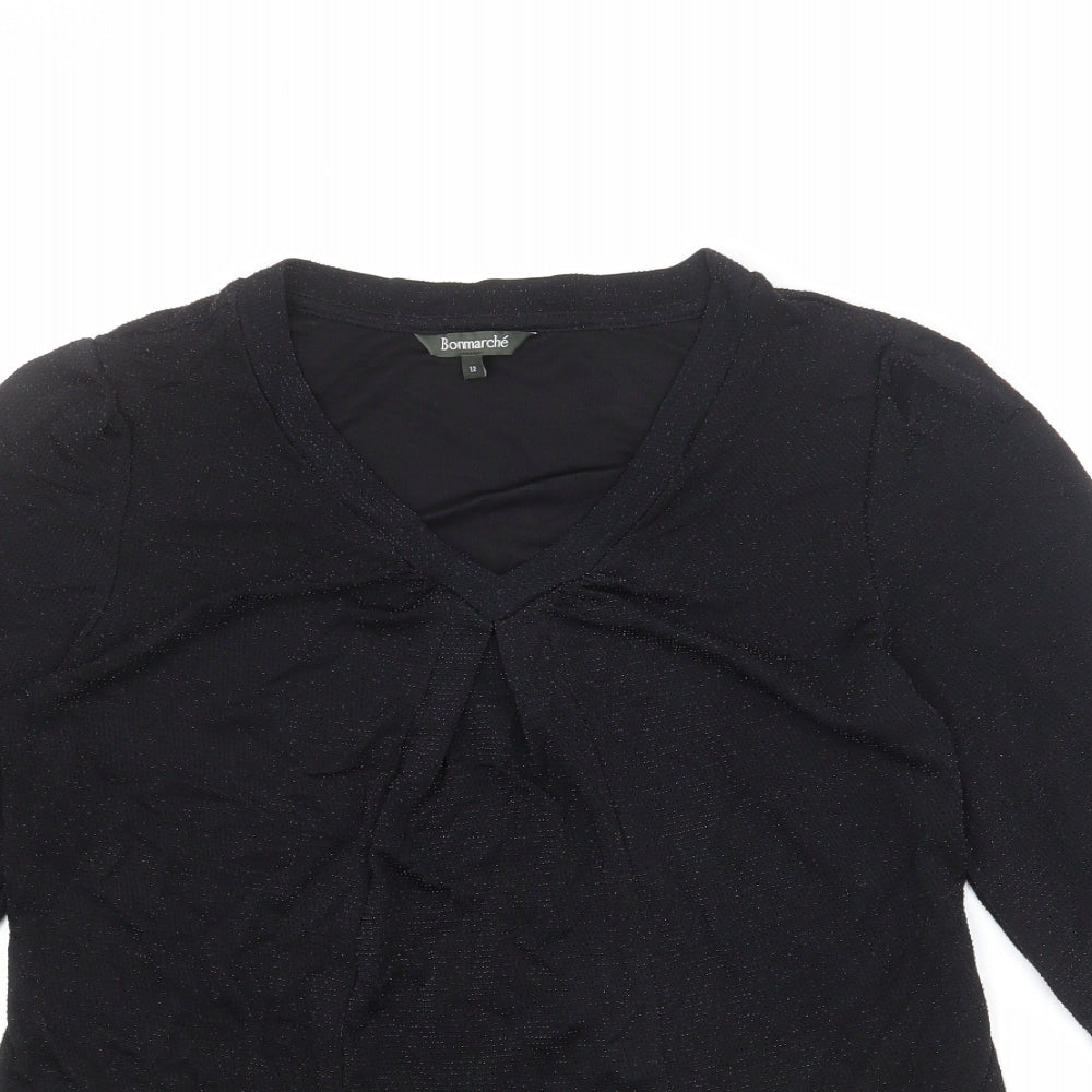 Bonmarché Womens Black Nylon Basic Blouse Size 12 V-Neck