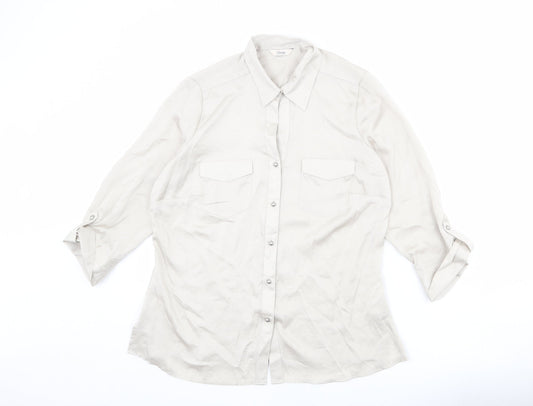 Classic Womens Beige Polka Dot Polyester Basic Button-Up Size 12 Collared