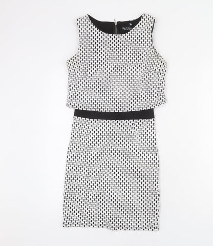 Miss Selfridge Womens White Geometric Cotton Bodycon Size 6 Round Neck Zip - Layered