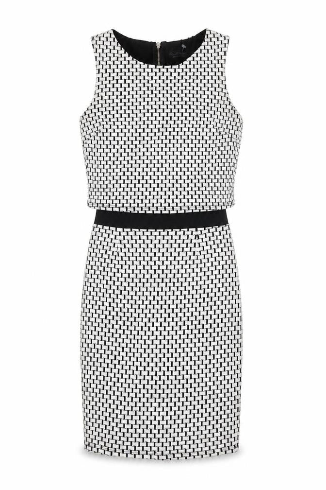 Miss Selfridge Womens White Geometric Cotton Bodycon Size 6 Round Neck Zip - Layered