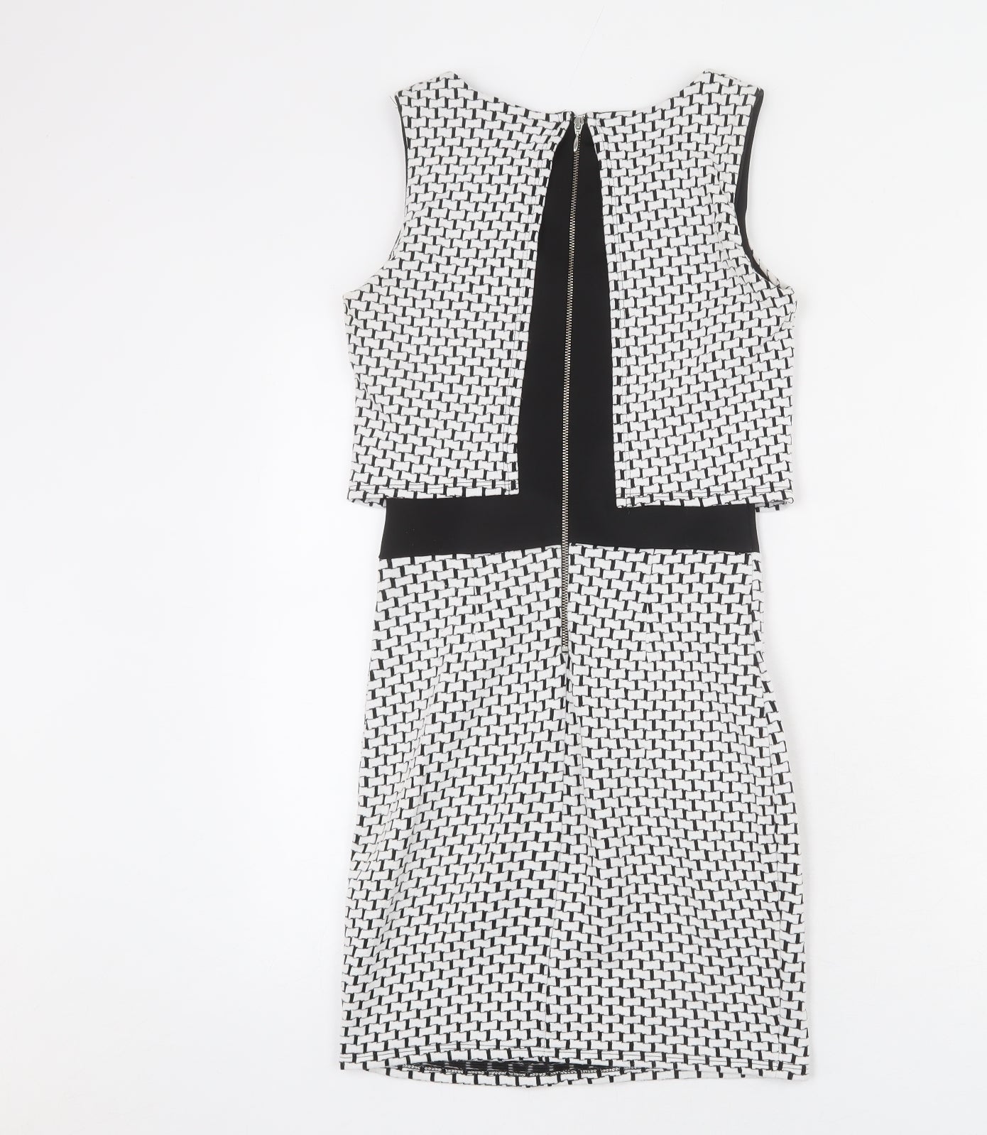 Miss Selfridge Womens White Geometric Cotton Bodycon Size 6 Round Neck Zip - Layered