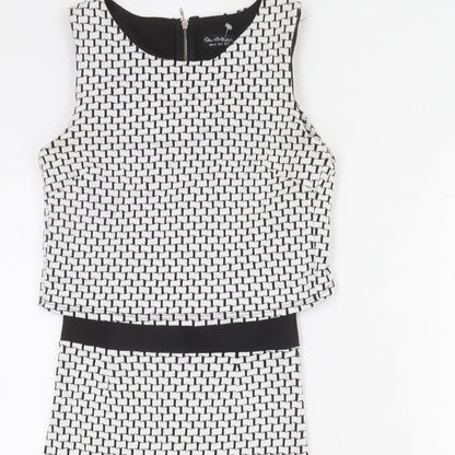 Miss Selfridge Womens White Geometric Cotton Bodycon Size 6 Round Neck Zip - Layered