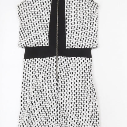 Miss Selfridge Womens White Geometric Cotton Bodycon Size 6 Round Neck Zip - Layered