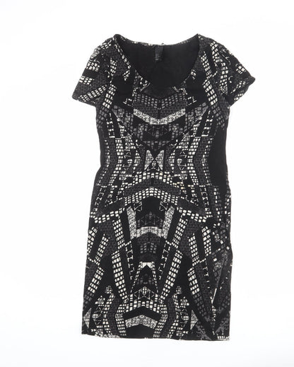 H&M Womens Black Geometric Polyester Bodycon Size M Round Neck Pullover