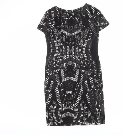 H&M Womens Black Geometric Polyester Bodycon Size M Round Neck Pullover