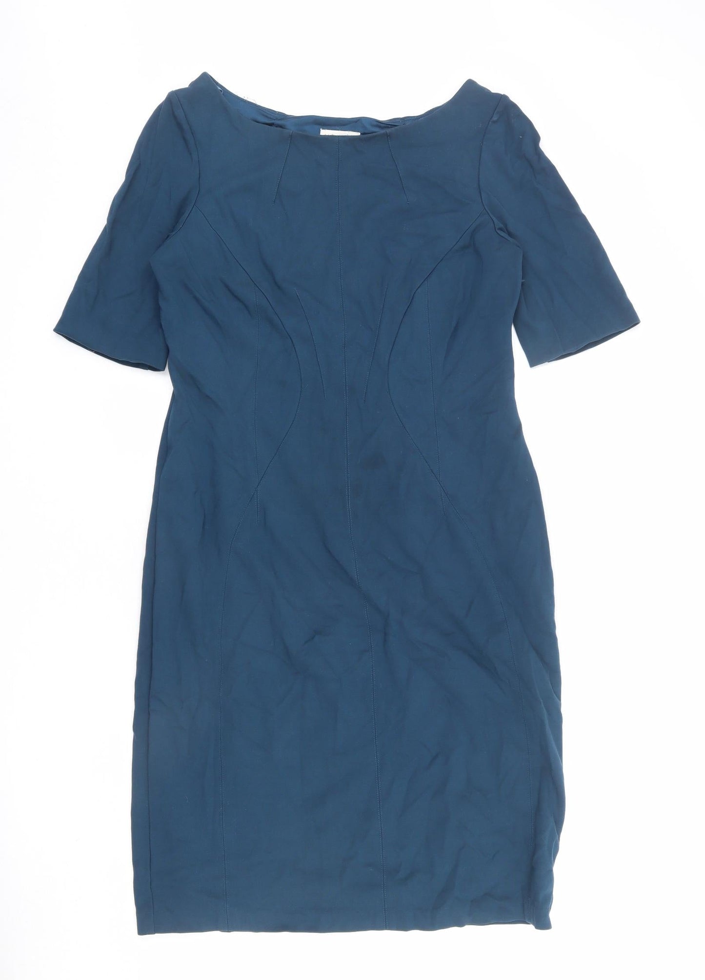 Monsoon Womens Blue Viscose Sheath Size 14 Boat Neck Zip