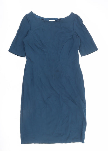 Monsoon Womens Blue Viscose Sheath Size 14 Boat Neck Zip