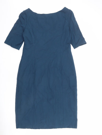Monsoon Womens Blue Viscose Sheath Size 14 Boat Neck Zip