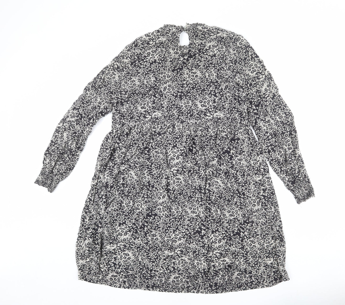 Monsoon Womens Black Floral Viscose Trapeze & Swing Size S Mock Neck Button