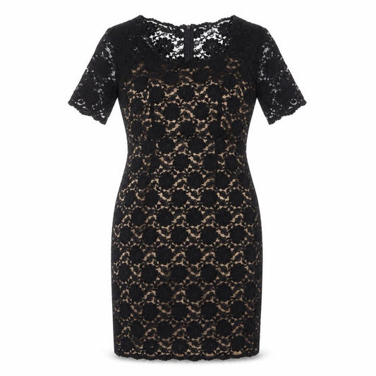 Front view of Kaliko women’s black floral polyester sheath, size UK 12, v-neck zip - lace overlay, slit