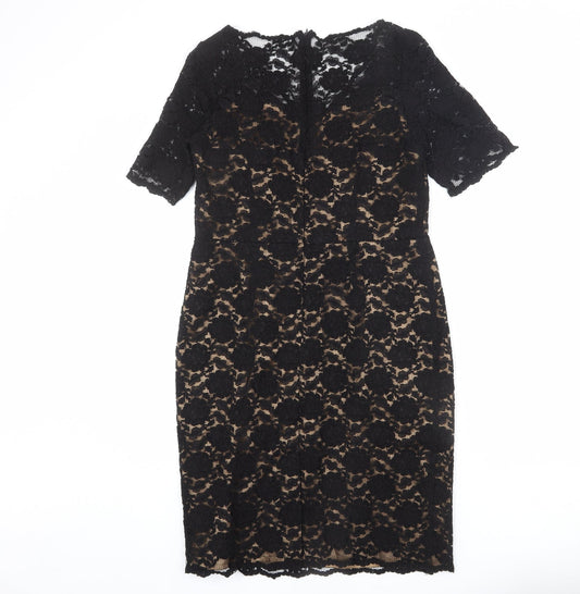Kaliko Womens Black Floral Polyester Sheath Size 12 V-Neck Zip - Lace Overlay, Slit