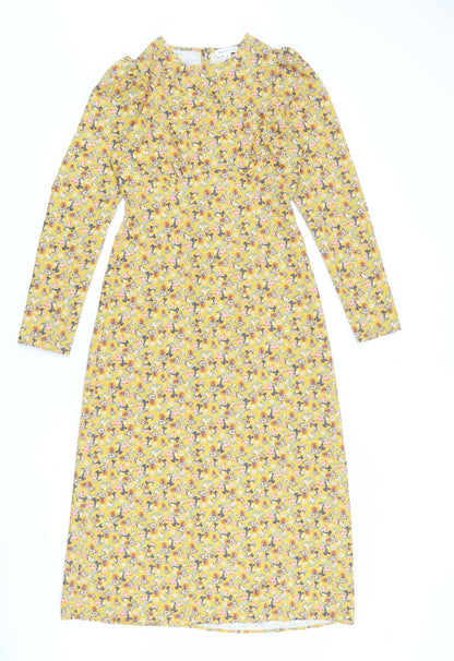 Warehouse Womens Yellow Floral Polyester Sheath Size 8 Round Neck Button