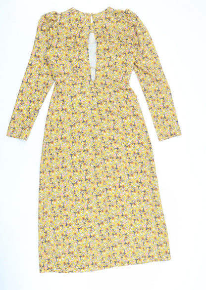 Warehouse Womens Yellow Floral Polyester Sheath Size 8 Round Neck Button