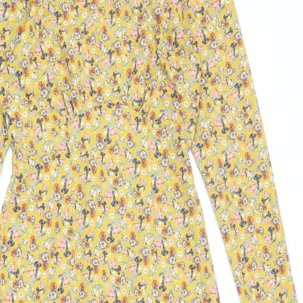 Warehouse Womens Yellow Floral Polyester Sheath Size 8 Round Neck Button