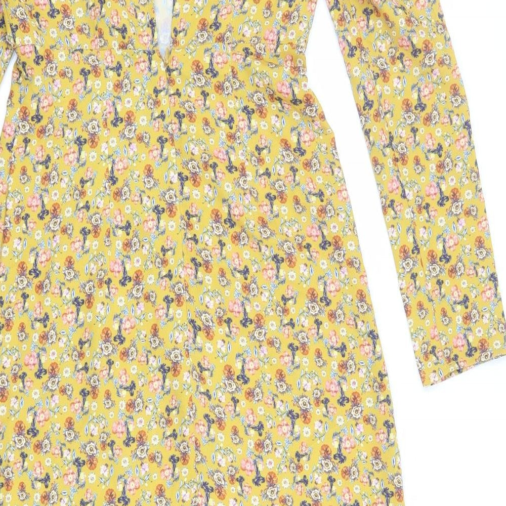 Warehouse Womens Yellow Floral Polyester Sheath Size 8 Round Neck Button