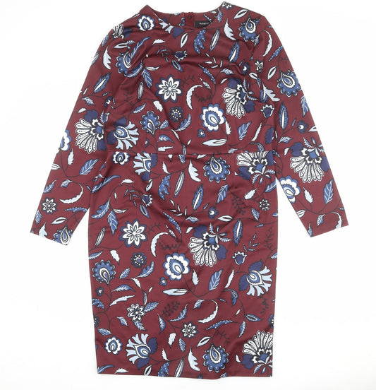 Autograph Womens Red Floral Polyester Sheath Size 16 Round Neck Zip