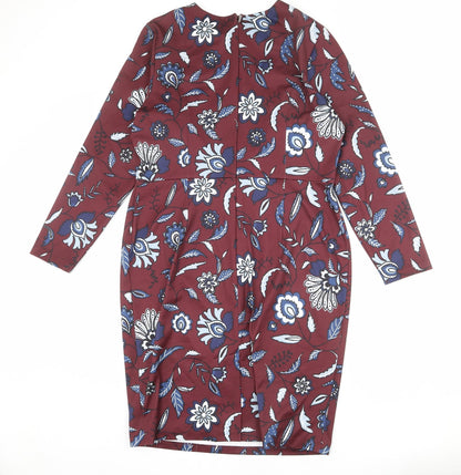 Autograph Womens Red Floral Polyester Sheath Size 16 Round Neck Zip