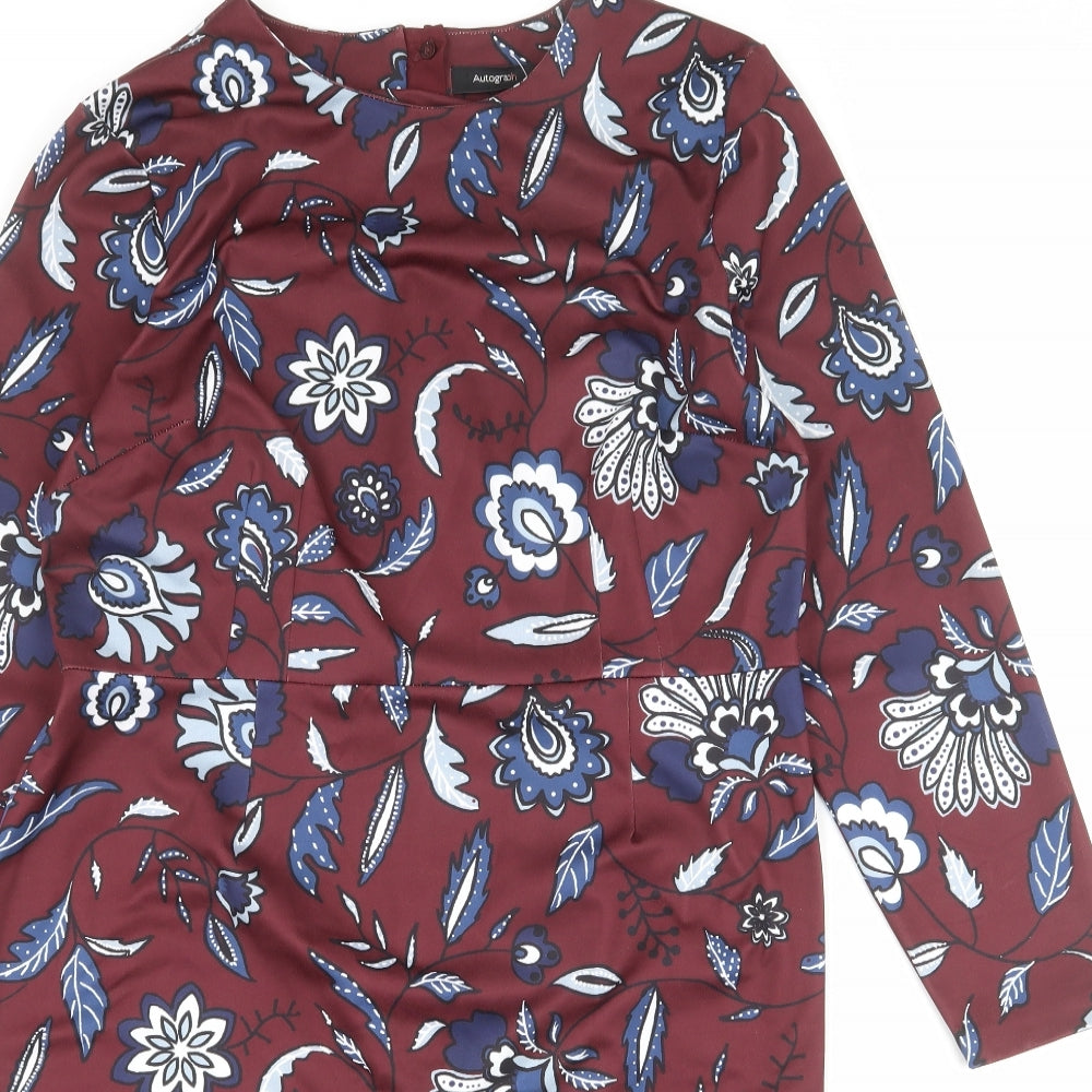 Autograph Womens Red Floral Polyester Sheath Size 16 Round Neck Zip
