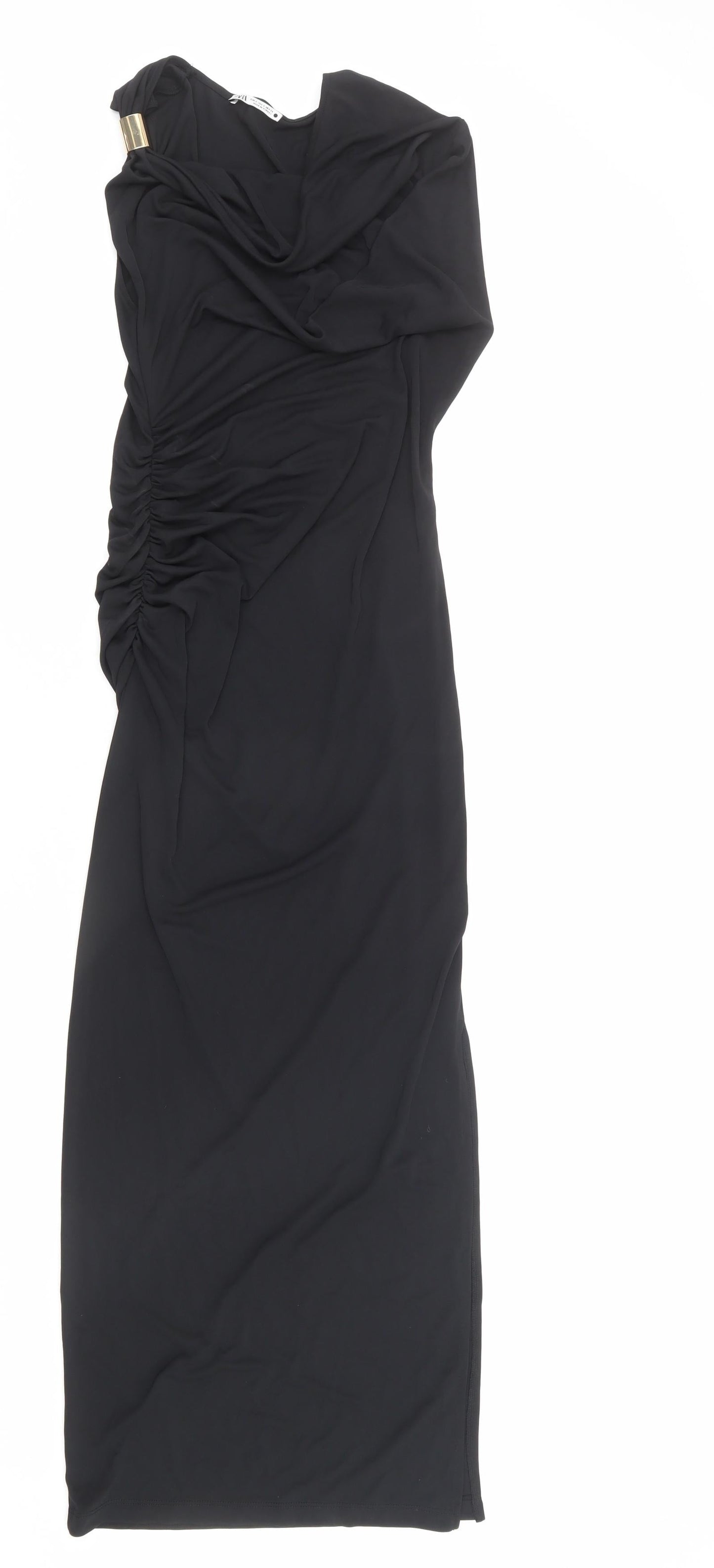 Zara Womens Black Striped Polyester Maxi Size S Cowl Neck Pullover - Ruched Detail