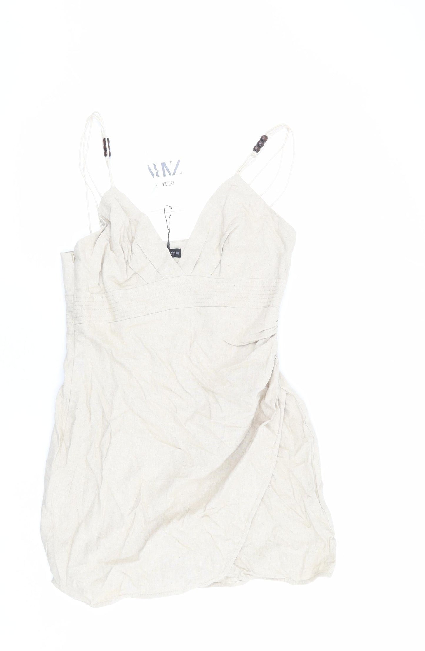 Zara Womens Beige Linen Mini Size M V-Neck Zip - Beaded Detail
