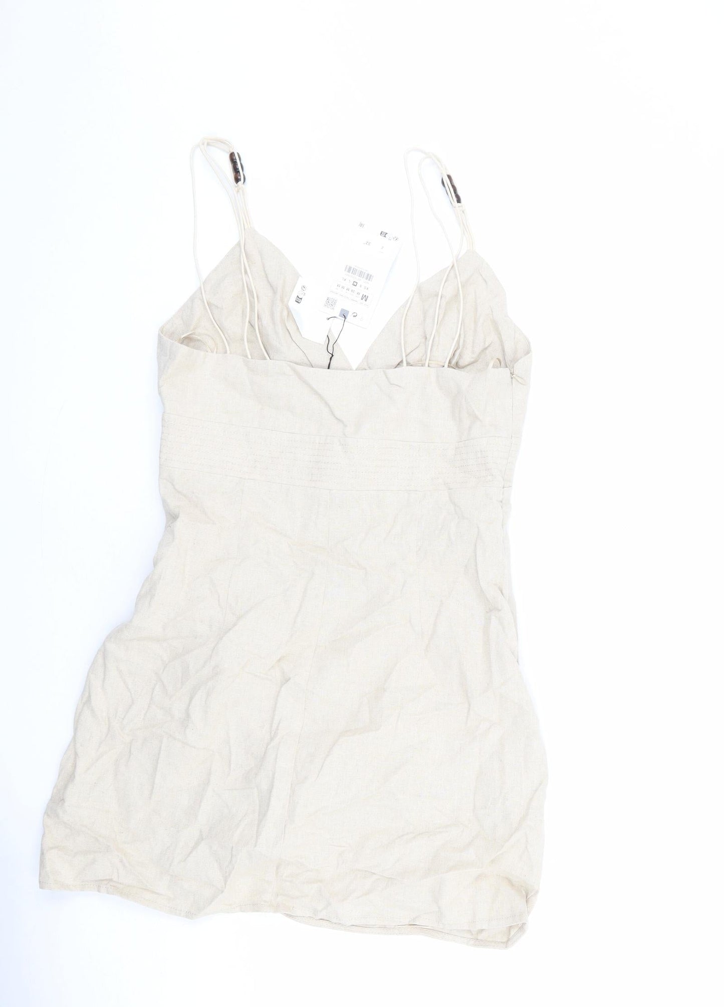 Zara Womens Beige Linen Mini Size M V-Neck Zip - Beaded Detail