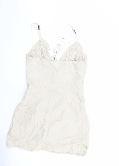 Zara Womens Beige Linen Mini Size M V-Neck Zip - Beaded Detail