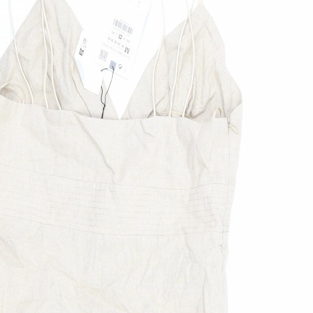Zara Womens Beige Linen Mini Size M V-Neck Zip - Beaded Detail