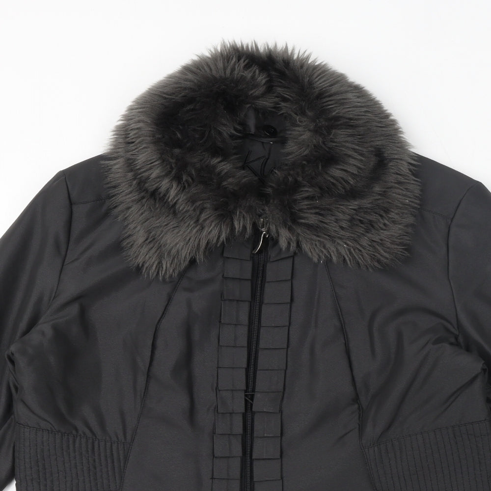 Klass Womens Grey Overcoat Coat Size S Zip - Faux Fur Collar