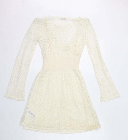 Miss Selfridge Womens Ivory Acrylic Fit & Flare Size 10 Boat Neck Pullover