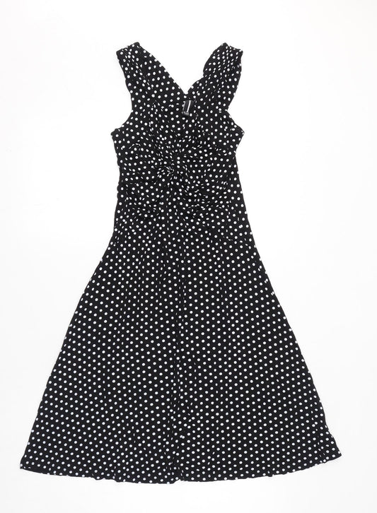 Izabel London Womens Black Polka Dot Viscose A-Line Size 8 V-Neck Pullover