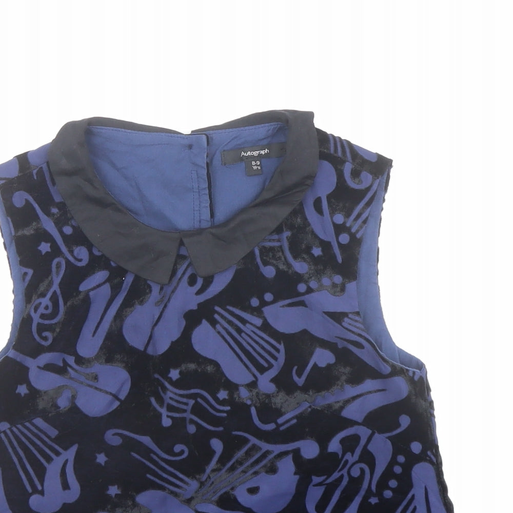 Autograph Girls Blue Geometric Viscose Basic Blouse Size 8-9 Years Collared Button